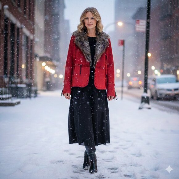 Red jacket by REGENT PARK faux suede with faux coyote fur accents - L - Picture 7 of 10